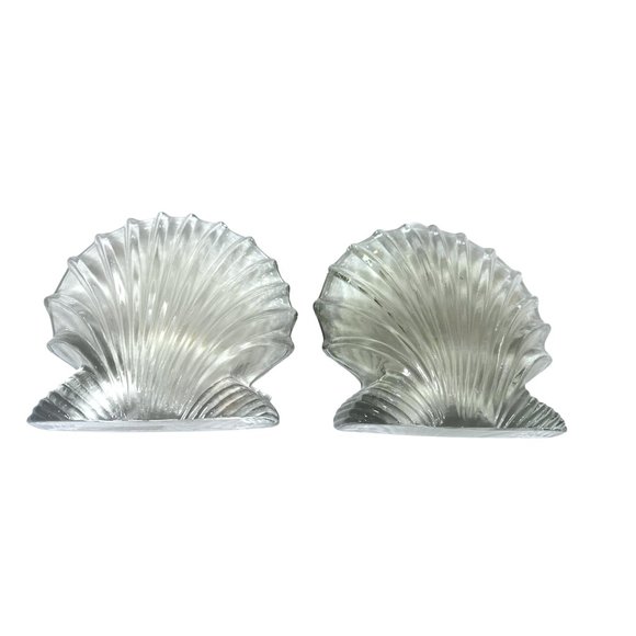 Vintage Blenko Art Glass Clear Scallop Clam Shell Bookends- Set of 2 - Picture 4 of 8